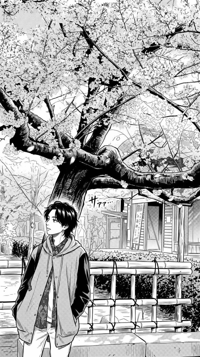 Shaka standing under a cherry tree, drawn manga style